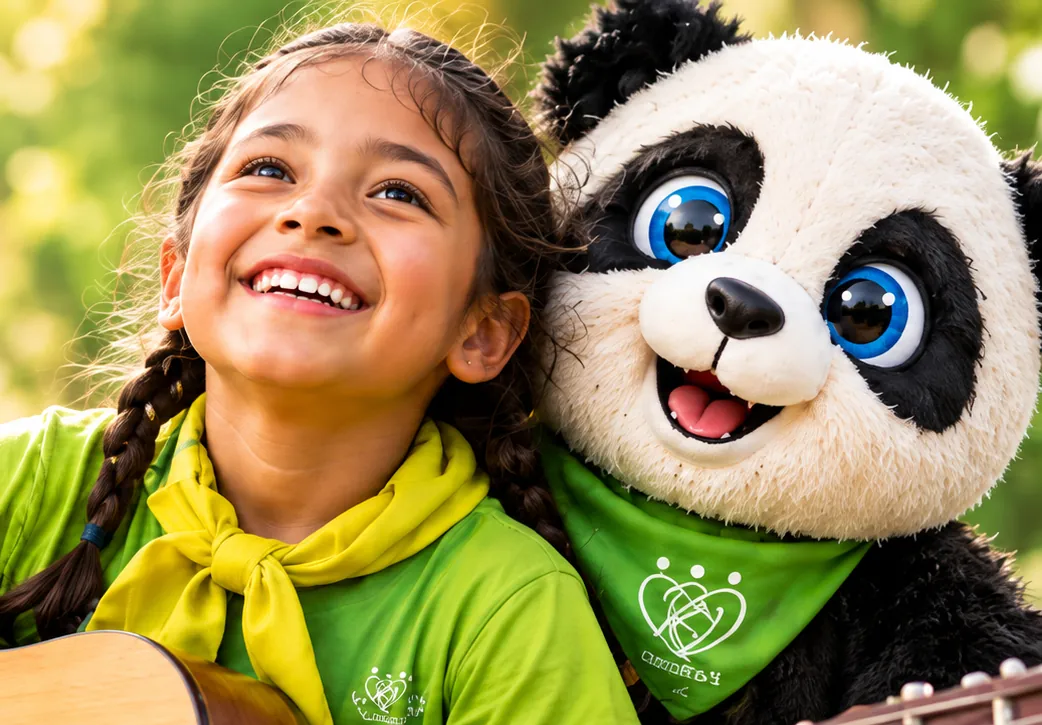 Niña junto a Charly, mascota de FUNTEJ, en la campaña Eco-Música