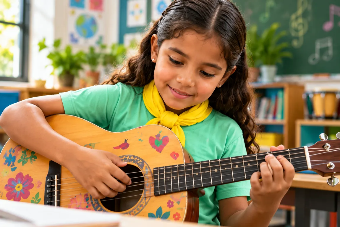 Niña con guitarra en un taller de Eco-Música